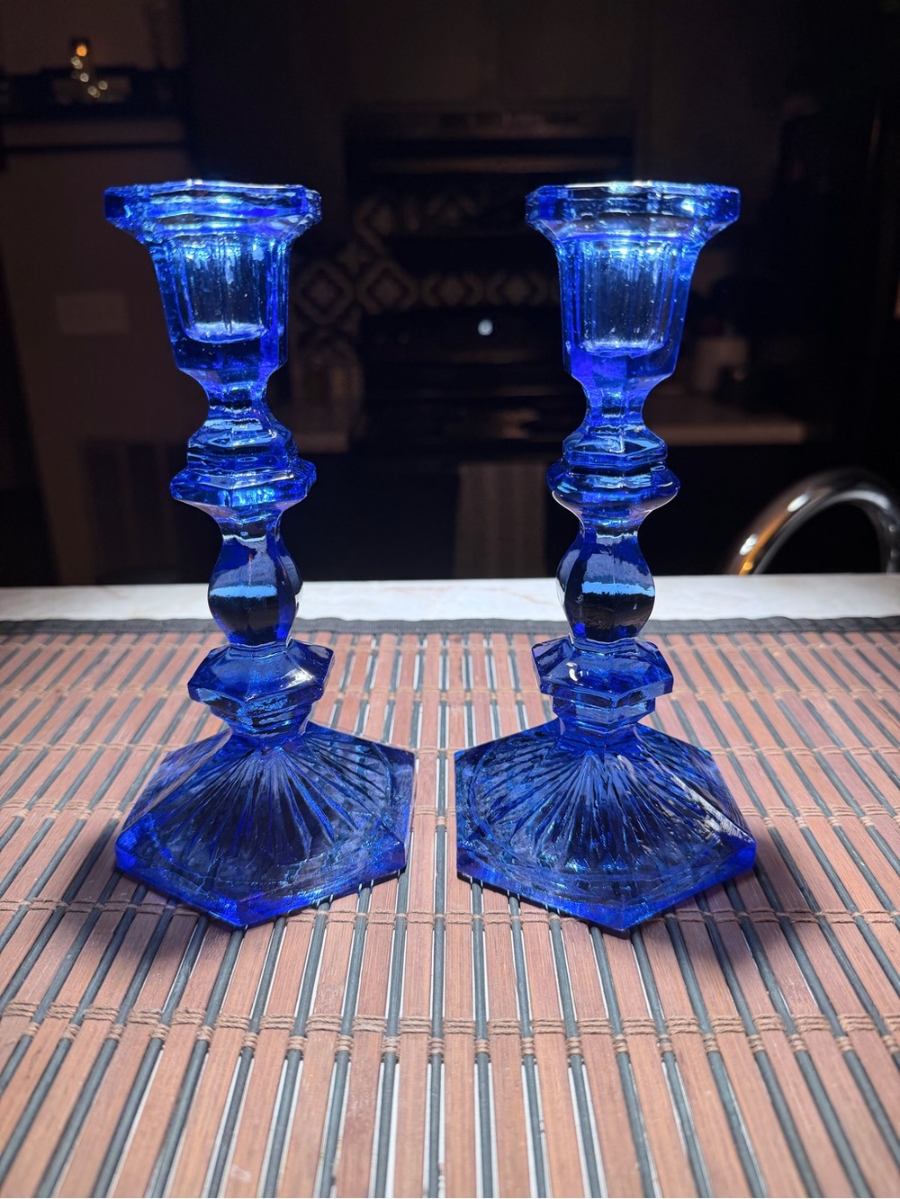 Pair of Cobalt Blue Glass Candlesticks 7.5 in. tall- Elegant Table Accent
